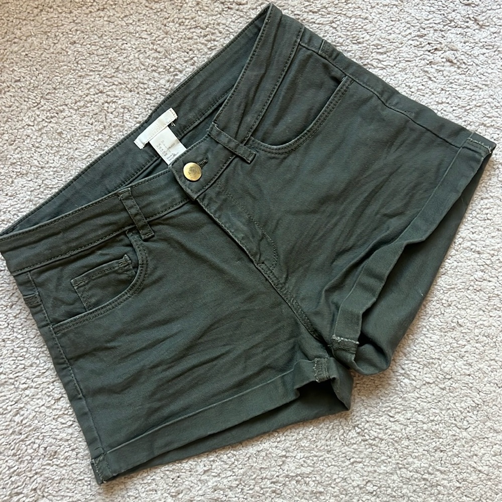 Olive Green Denim Mid Rise Shorts